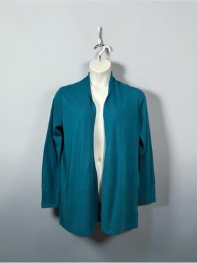 Tahari, 100% Extra Fine Merino Wool Open Front Cardigan, Teal, Size L